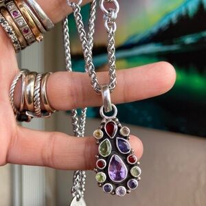 Multigem Teardrop Silver Pendant Necklace - Purple & Multicolor